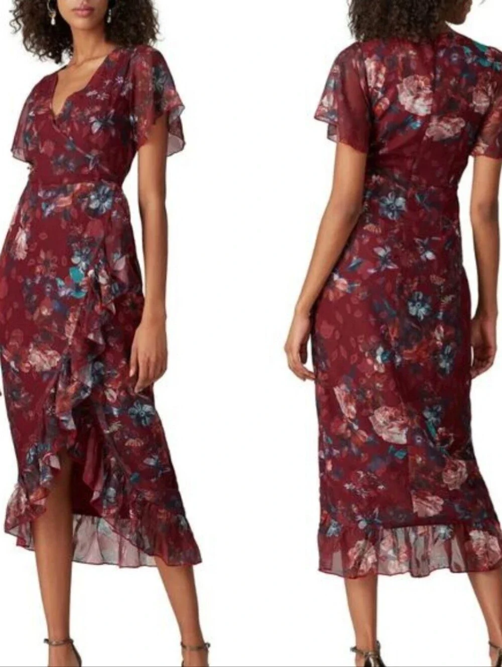 Vone Mireya Floral Ruffle Faux Wrap Midi Dress Burgundy Gold Shimmer US 8